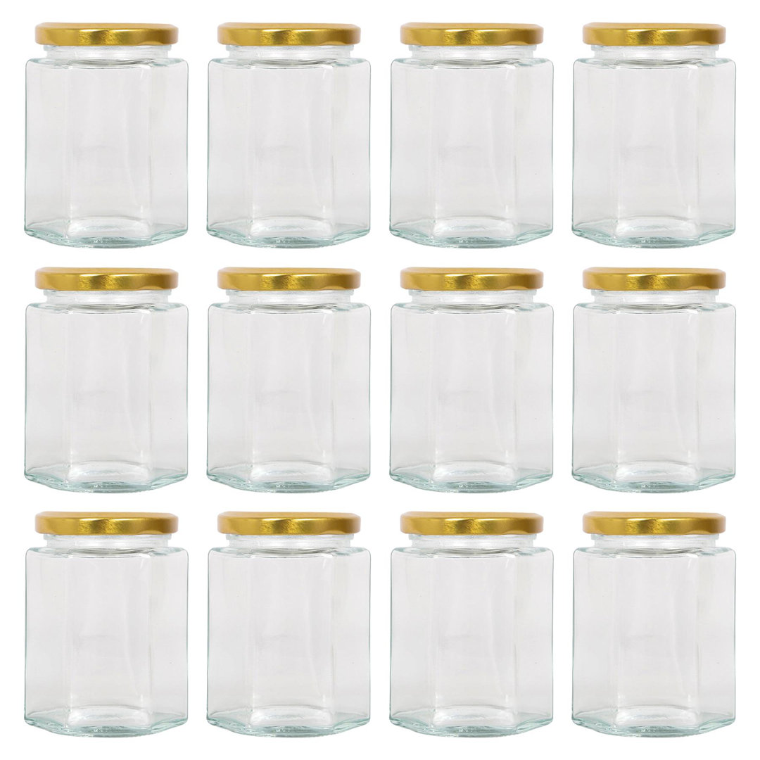 Argon Tableware Hexagonal Glass Jam Jars with Gold Lids - 250ml - Pack of 12 - Image 2