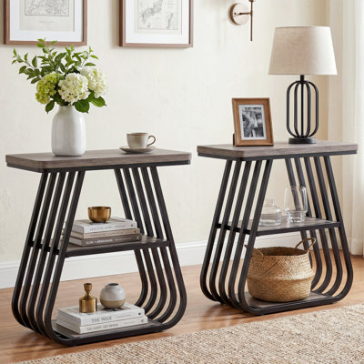 23.62" Wood And Metal End Table, Small Side Table With 3-Tier Shelves For Living Room, Bedroom