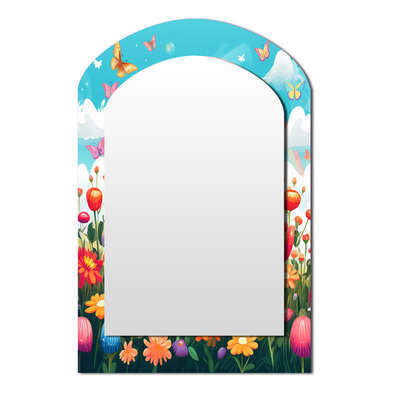 «Orange Monarch Butterfly Idyllic Flowerfield II», miroir décoratif à arc papillon, miroir mural asymétrique moderne