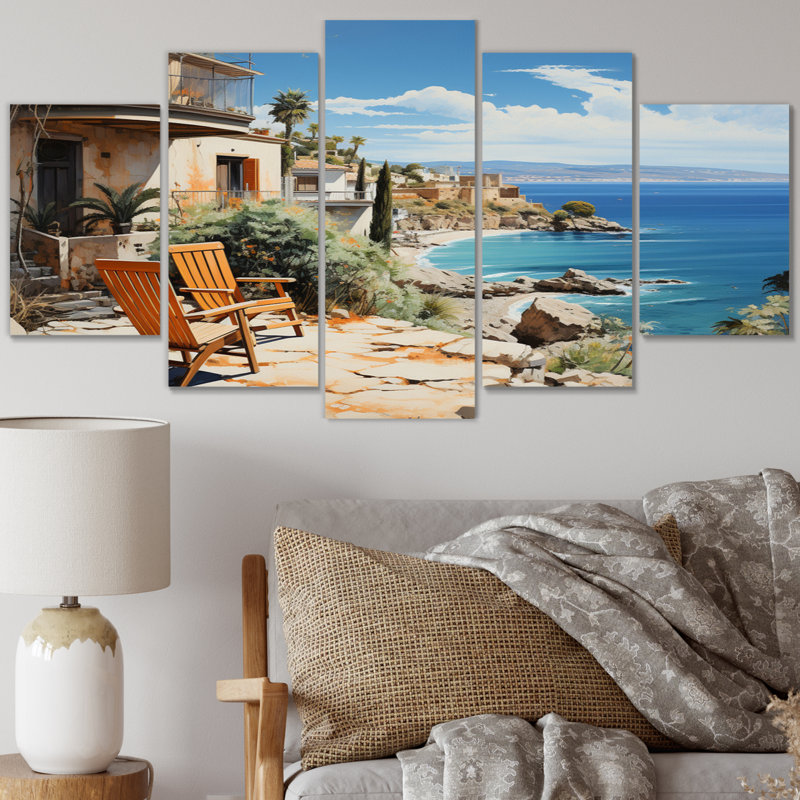  «Espagne Azure Coastline Village IV - reproduction d'art nautique et plage - 5 panneaux