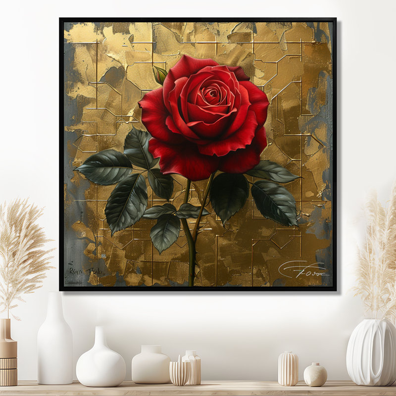 Red Rose Geometric Vintage Gold I - Rose Wall Art Living Room, Black Floater Framed Canvas, 16" H x 16" W x 1" D