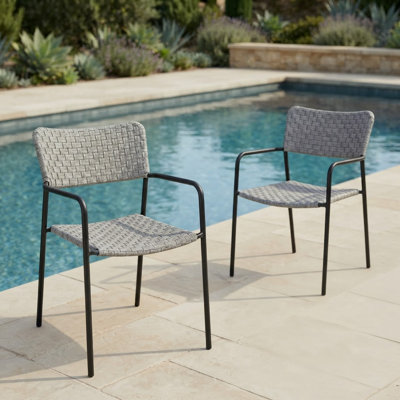 Fargo Modern Rope Woven Patio Dining Chairs - All-Weather Stackable Outdoor & Indoor Armchairs - Grey Powder Coated Steel  with Premium Cushions (Set of 2)