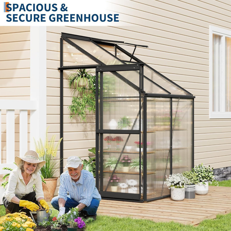 4x4FT Lean to Greenhouse Kit, Polycarbonate Walk-in, Aluminum-Steel Frame, Sliding Door, Roof Vent, Black