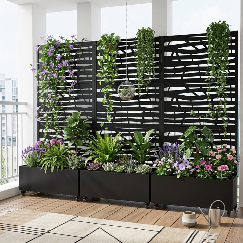 Boîte à fleurs rectangulaire noire en métal avec treillis à découpes abstraites 72 po L 35 po x l 16 po x H 72 po Jardinière autoportante avec roulettes pour plantes de jardin