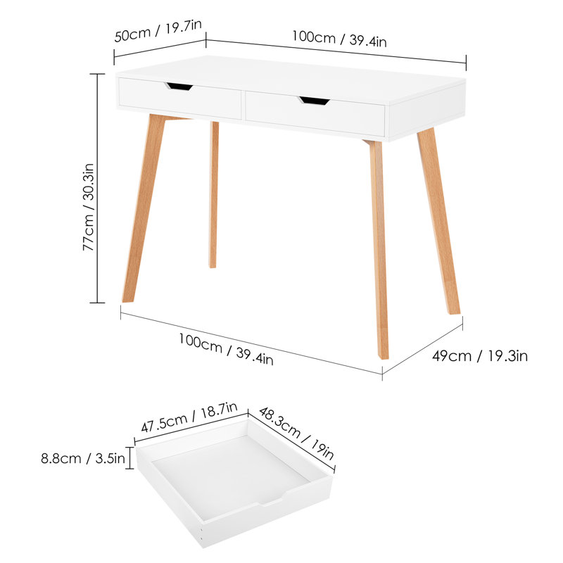 Baber 19.7" D Computer Desk with 2 Drawer, Modern White Wooden Writing Desk for Home-office