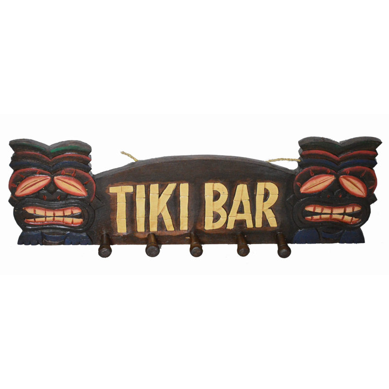 Hand Carved Wooden Tiki Bar with Masks and Hooks