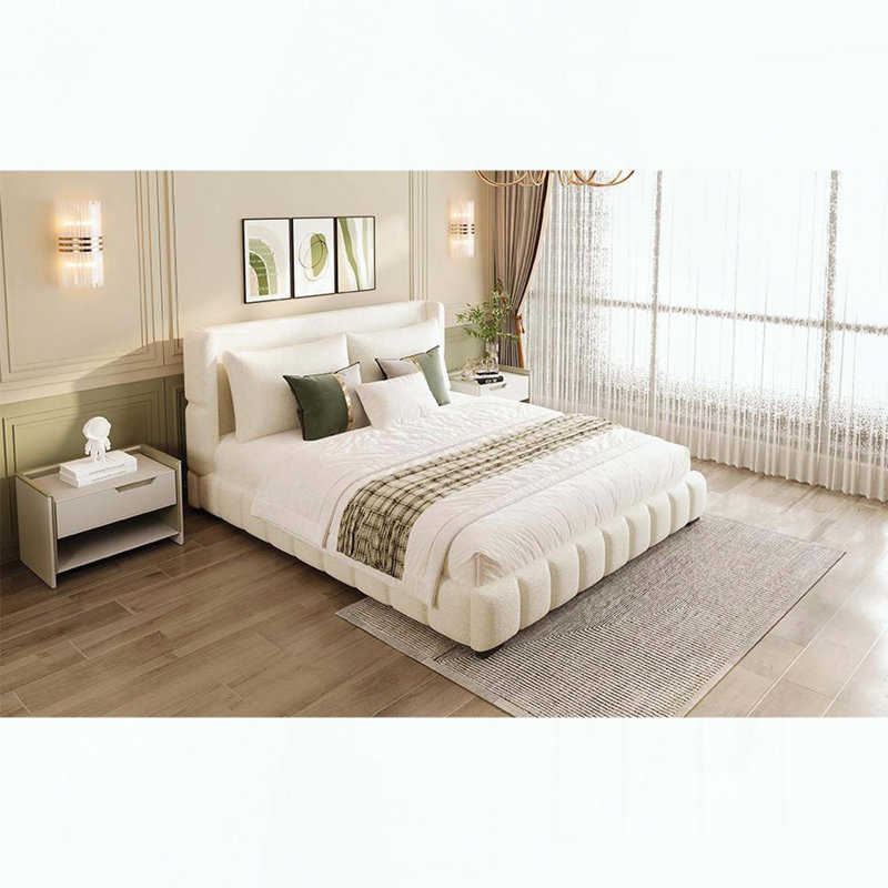 Grand lit plateforme tapissier avec 2 coussins, White, Queen