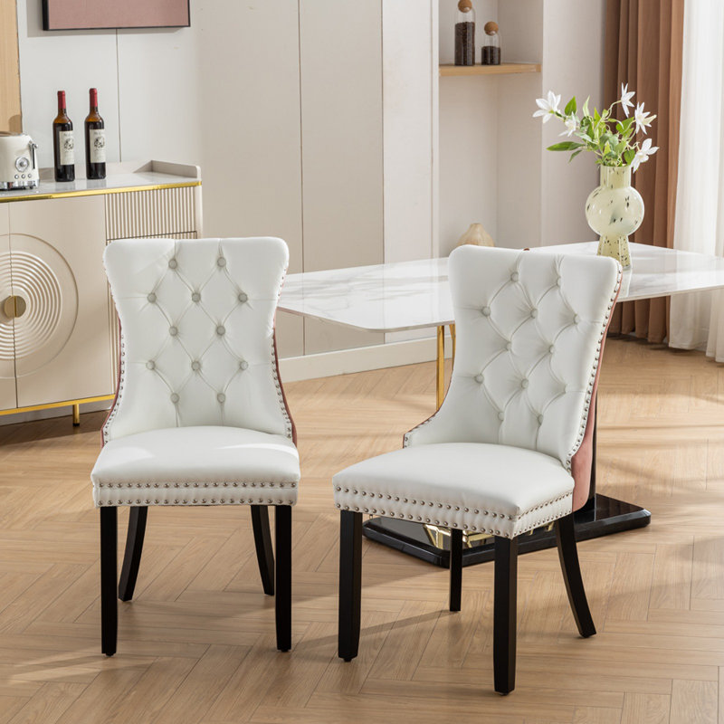 Chaise de salle à manger rembourrée en velours moderne avec anneau à tirer (ensemble de 2), Blanc / Rose, Noir