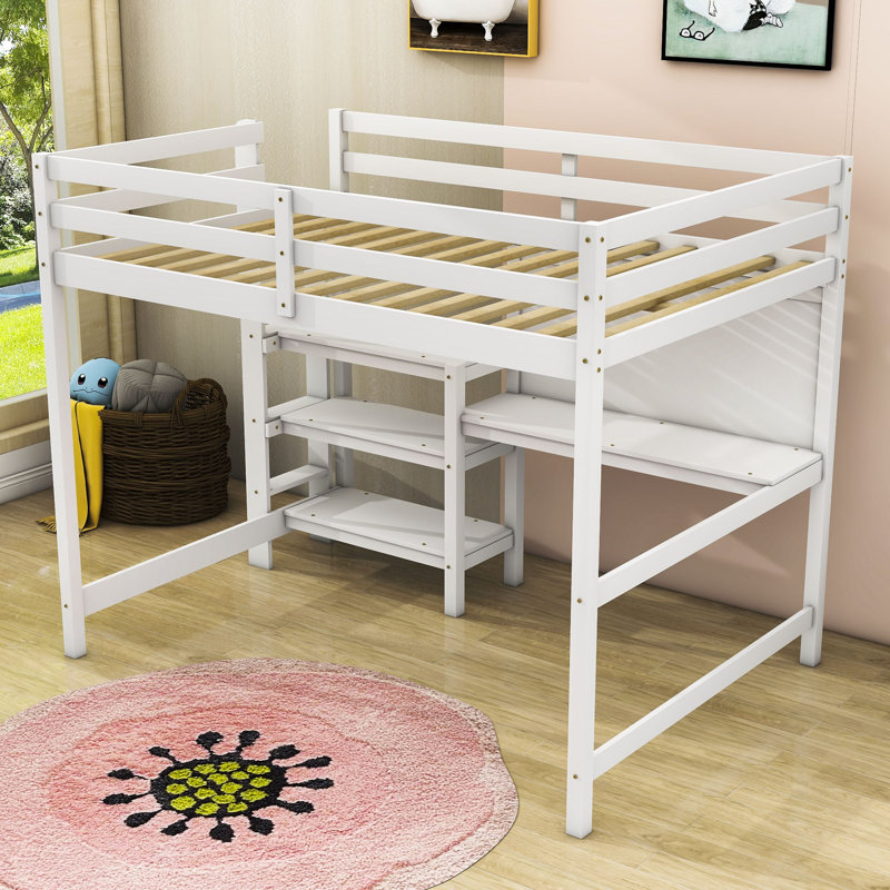 Marcia Wooden Loft Bed with Shelves,Desk and Writting Board, Full, White