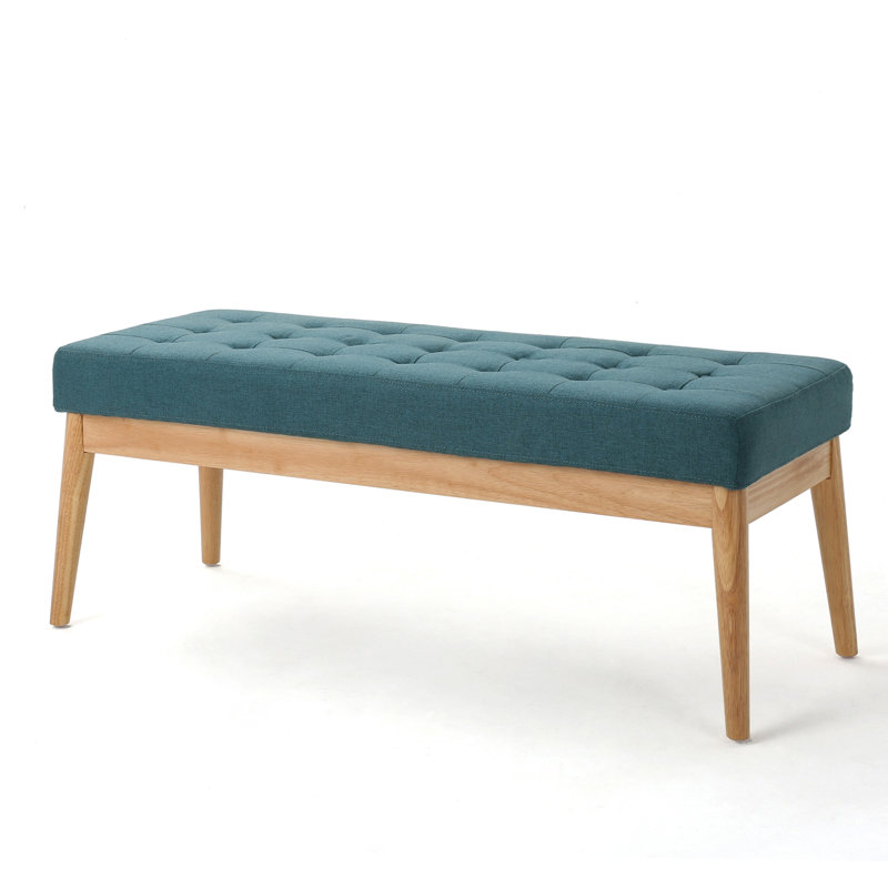 Élégant banc bleu sarcelle avec revêtement en tissu et bouleau