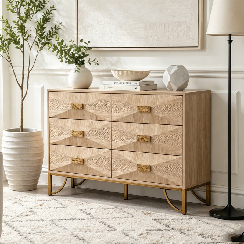Commode en bois clair 47,24 po avec relief géométrique et pieds dorés, Bois naturel 6 tiroirs