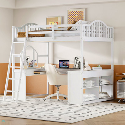 Lit mezzanine double en bois avec bureau en U, compartiments de rangement et miroir à trois volets