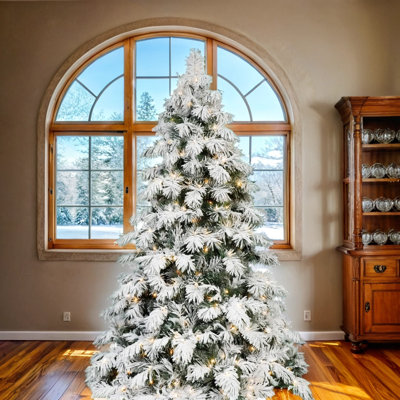 5ft Flocked Scarecrow-Shaped Christmas Tree with 200 Warm White LED Lights, 375 PVC Memory Wire Tips,Power Pole & Hinged Structure  – Realistic Snowy Holiday Tree