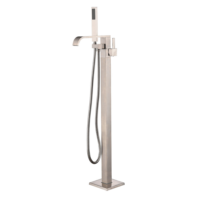 Robinetterie de baignoire à fixation au sol avec poignée simple SevenFalls, Nickel brossé