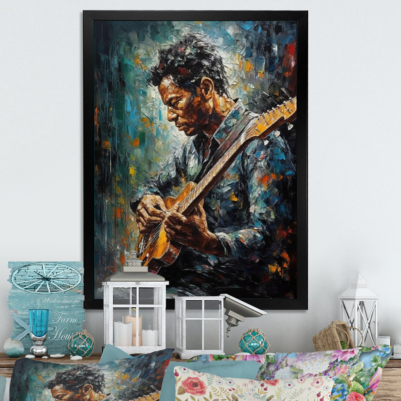 Musicien jouant de la guitare II sur toile, H 20 po x l 12 po x P 1 po, Cadre d'angle fermé noir