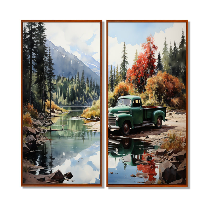«Pickup Truck Tranquil Lakeside III», art mural sur toile verte, 40" H x 40" W, Brown, Impression encadrée flottante