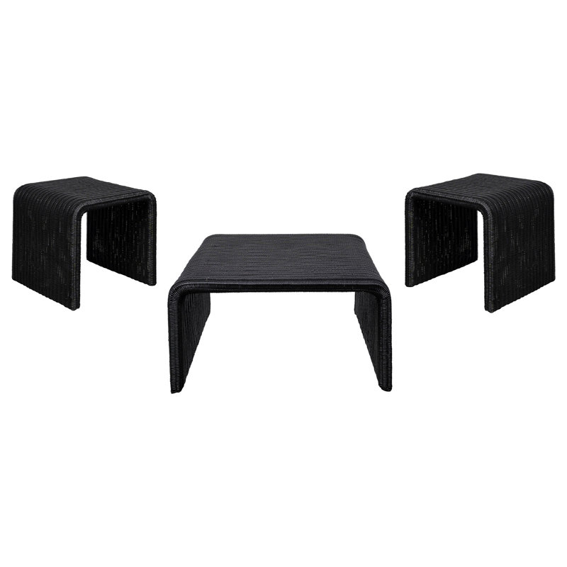 Ensemble de tables basses et de tables de bout en rotin 3 pièces Cahya - noir, 3 pièces: table basse, 2 tables de bout, Noir
