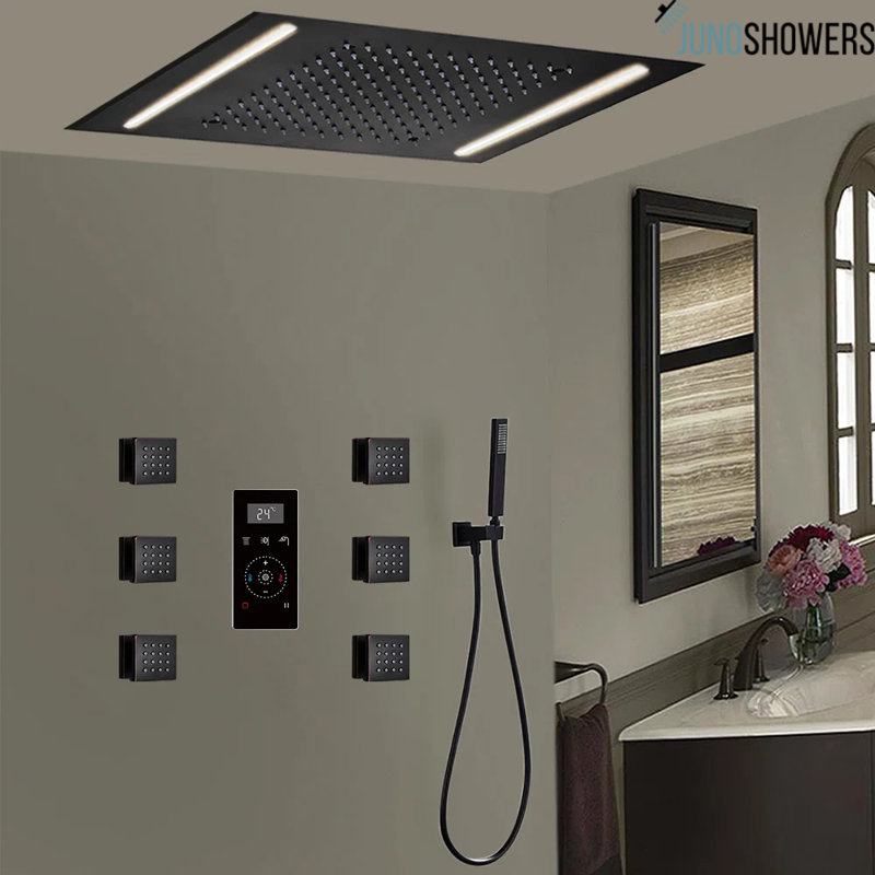 Chrome Shower System with 3-Function Massage Body Jets, Overhead Rainfall, and Hand Spray
