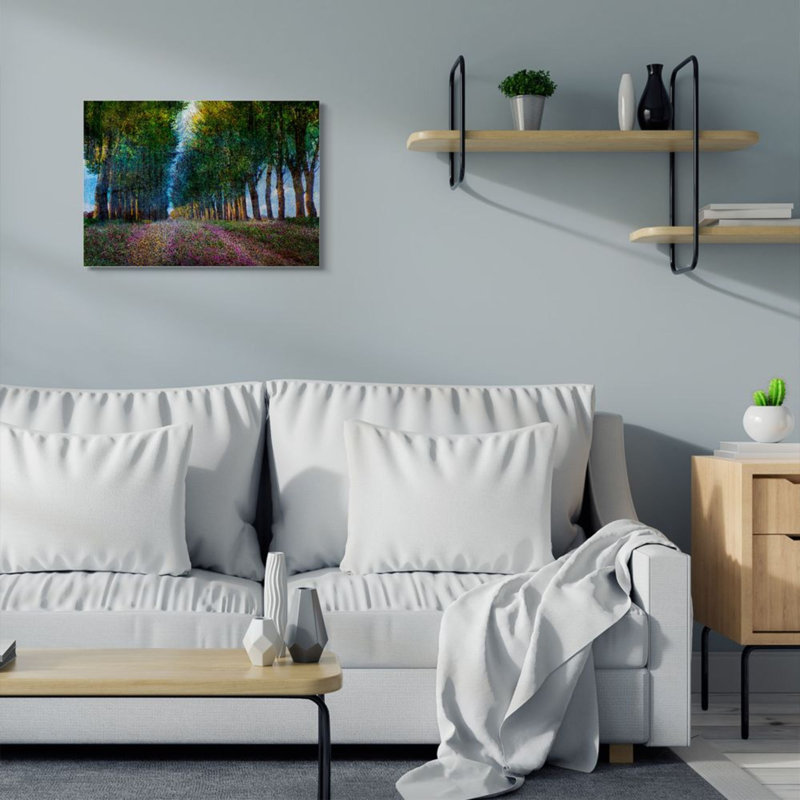 «Purple Floral Field Entre Tree Row Landscape» par Chris Vest - reproduction d'art, H 30 po x l 24 po, Toile tendue