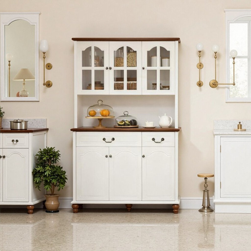 Élégant buffet de cuisine blanc avec 6 portes en verre, 2 tiroirs et tablettes réglables