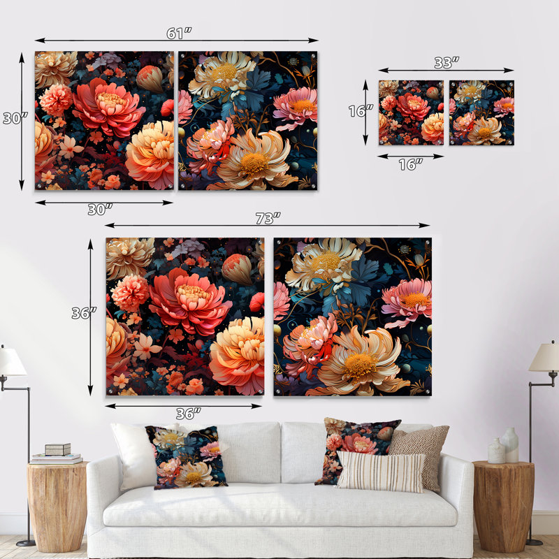 «Peach Farmhouse Flowers Serenity», ensemble de 2 impressions murales en acrylique sur verre, H 16 po x l 33 po