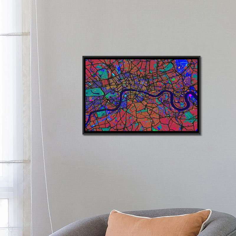 « london map (abstract) v » par michael tompsett, impression sur toile, H 18 po x l 26 po x P 1,5 po, Toile avec cadre noir