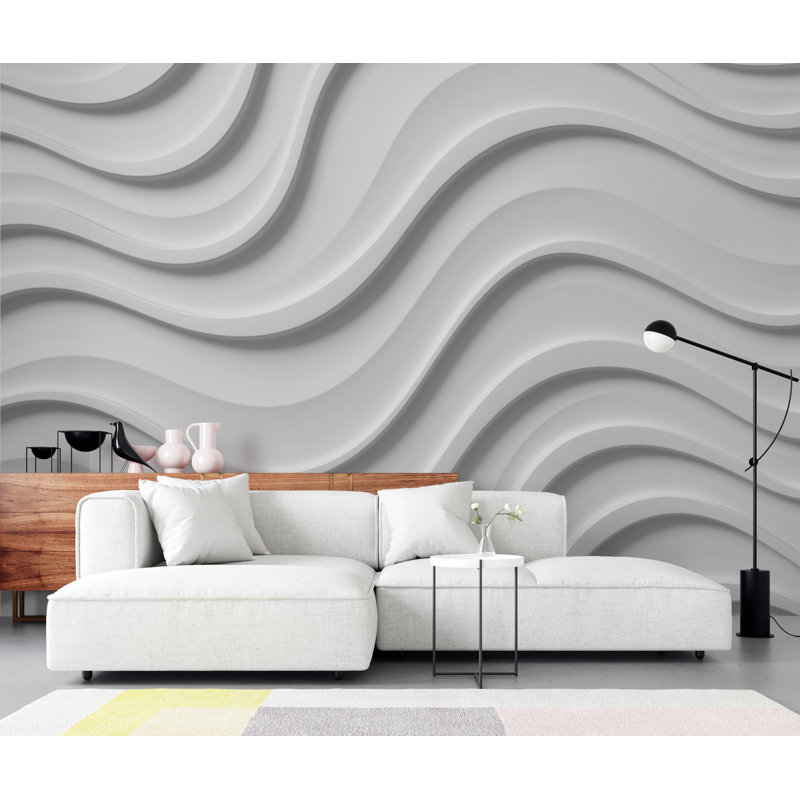 Papier peint 3D vagues de l'océan - relief en plâtre blanc
, L 10 po x l 8 po, Premium Non-Woven