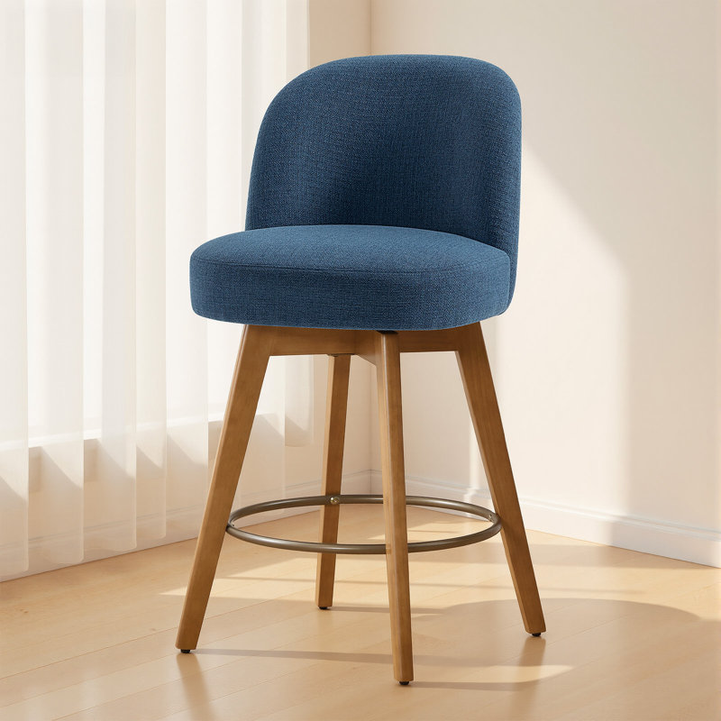 Tabouret de comptoir pivotant 26 po avec structure en bois massif, Bleu foncé / mélange de lin