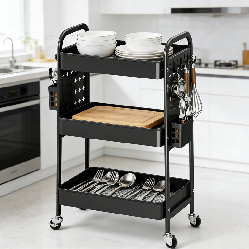 3-Tier Rolling Utility Cart With DIY Pegboard, Lockable Wheels And Hanging Baskets - Mobile Storage Organizer For Kitchen, Bathroom, Office, Craft Room And Nursery