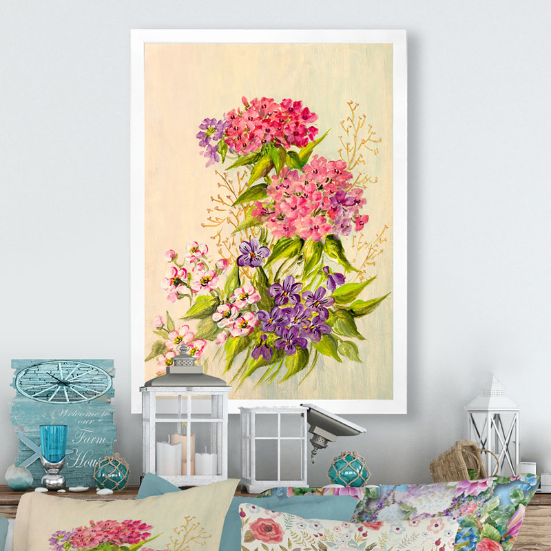 Nature morte de fleurs roses et mauves - peinture sur toile, H 12 po x l 8 po x P 1 po, Toile avec cadre blanc