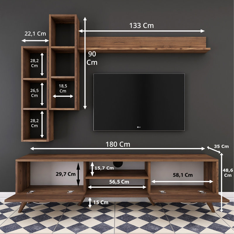 Husnu Entertainment Center for TVs up to 55", Walnut, 1 TV Stands, 1 Middle Shelf and 1 Wall Shelf