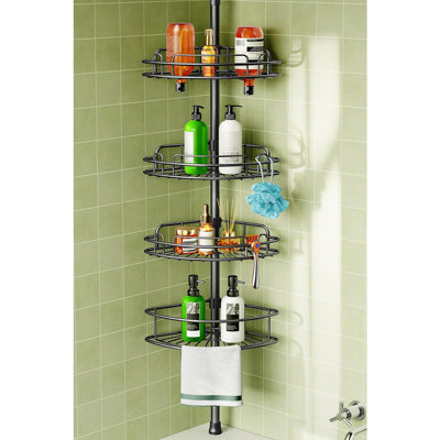 4-Tier Corner Shower Caddy Tension Pole, Rust-Resistant Adjustable Bathroom Organizer Shelves, No-Drill, Space-Saving, Black