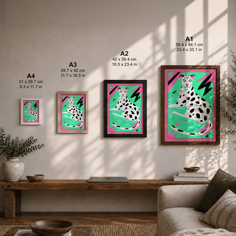 Electric Snow Leopard Modern 1 Piece Single Picture Frame Wall Art, A1 - 84.1 x 59.4 cm, Walnut