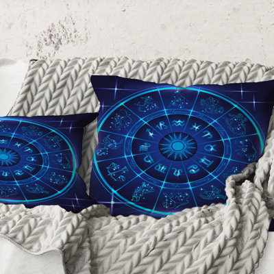 Carré, néon, cercle d'horoscope bleu profond avec signes du zodiaque - coussin décoratif moderne