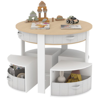 5-Piece Kids Activity Table and Chairs Set – Modern Wooden Round Table with 4 Storage Stools & Fabric Drawers – Toddler Furniture for Play, Art, Reading, Craft – Nesting Design – White and Yellow