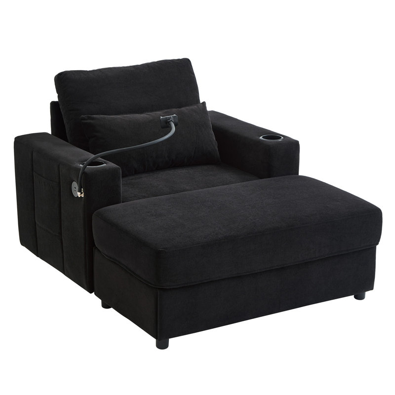 Upholstered Armchair With Storage Ottoman & USB Ports, Black