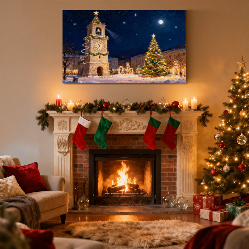 Scène de nuit de Noël avec tour de l'horloge et arbre, ensemble de 3 impressions sur toile, H 16 po x l 24 po