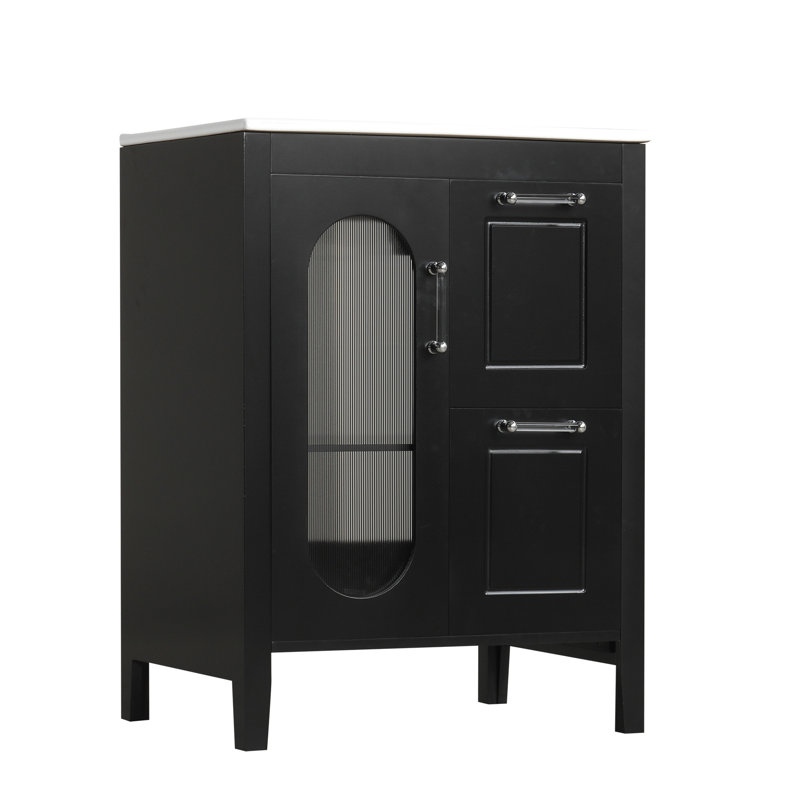 Meuble-lavabo noir 24 po en bois massif avec meuble-lavabo avec cuve en céramique et lavabo de rangement caché, Noir