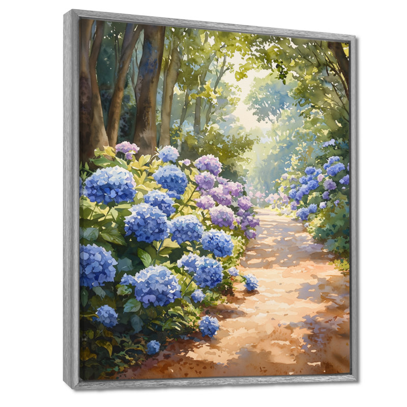 Hydrangeas in the Garden Path II - Hydrangea Wall Art for Living Room, H 40 po x l 30 po, Impression encadrée flottante