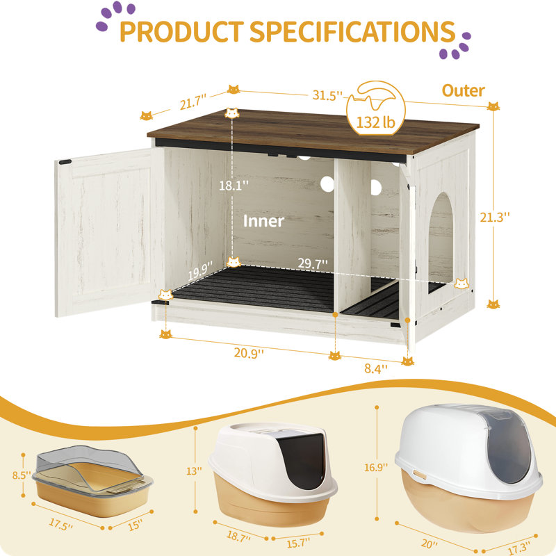 Cat Litter Box Enclosure, Hidden Litter Box Furniture with Removable Dividers, Reversible Entrance Left or Right Side,Cat House, Rustic White and Brown