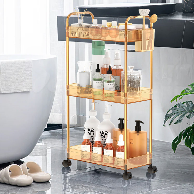 3-Tier Acrylic Shelf,Multi-functional Rolling Practical Rrolley,Flexible & Durable, Orange/Gold