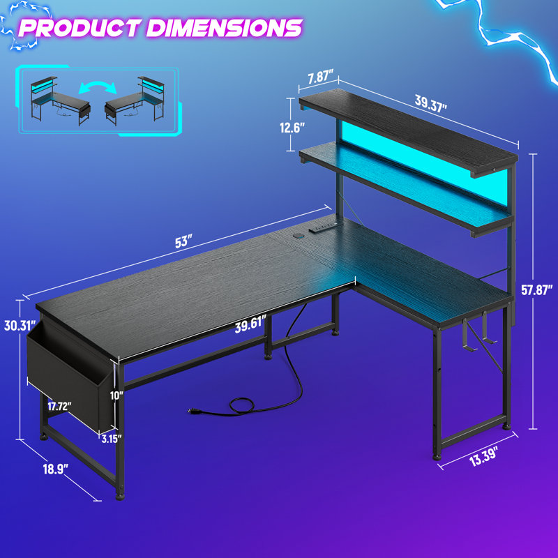 Bureau d'ordinateur en L avec lumières DEL et prise de courant, bureau de jeu réversible de l 53 po avec tablette de rangement, sac latéral, crochets pour bureau personnel, noir