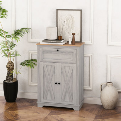 Accent Cabinet In Gray, Double Doors, Drawer And Adjustable Shelf. For Bedroom Living Room. Tipping Design. 23.5"W X 11.75"D 34.5"H Barn Door Sideboard Cabinet, Gray. With Drawer, Doors & Bedroom,