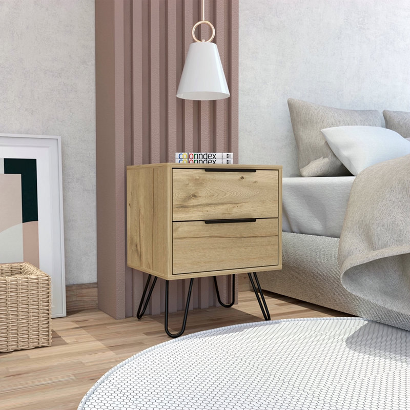 Light Oak 2-Drawer Rectangle Nightstand, Black/Natural