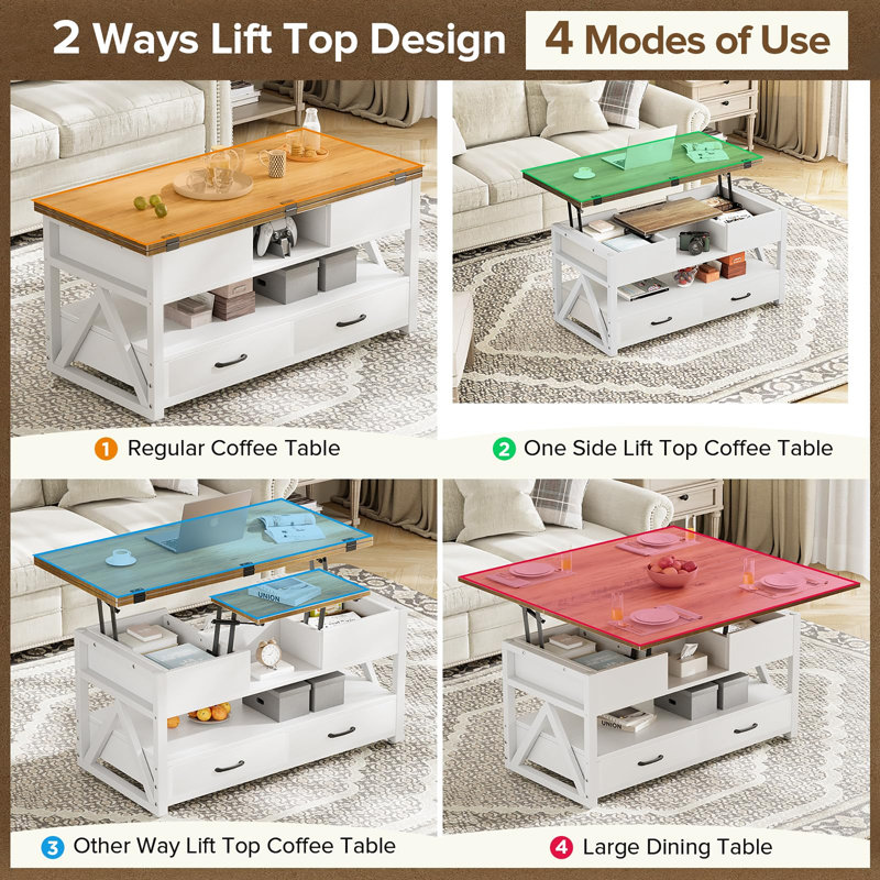 Table basse à plateau relevable 40 po, 19.3" H x 39.4" W x 19.6" D, Brown/White
