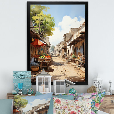 «Beige Red Minimalist Artwork of Village», reproduction d'art sur toile