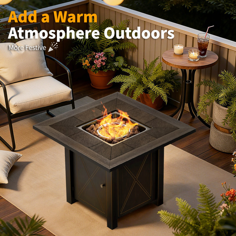 Metal Propane Outdoor Fire Pit Table, 50,000 BTU with Lid and Lava