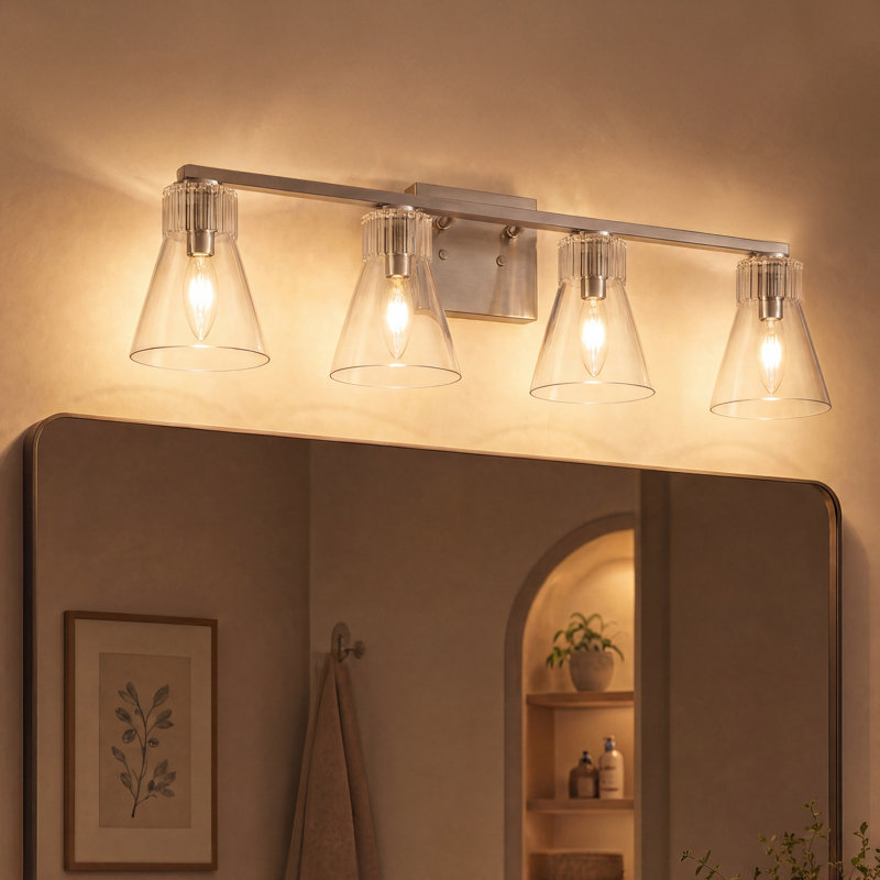 Billie 32" 4-Light Brushed Nickel Cone Glass Bathroom Vanity Light, Satin Nickel, 4-light