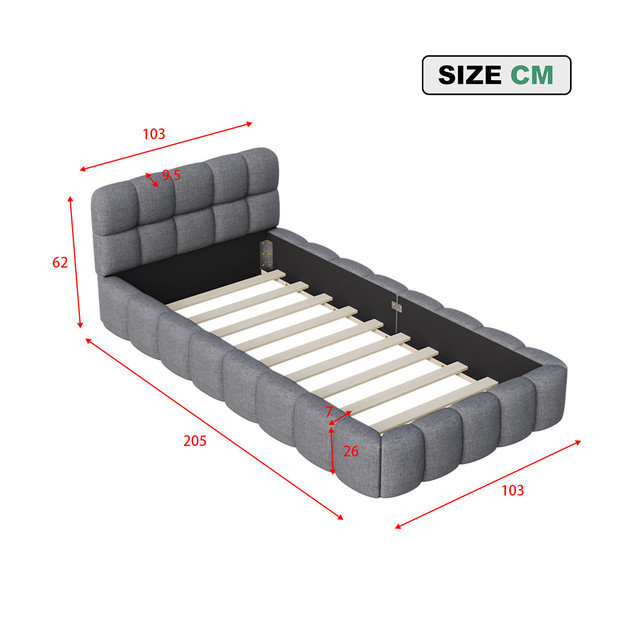 Bed, Grey, 90x190cm