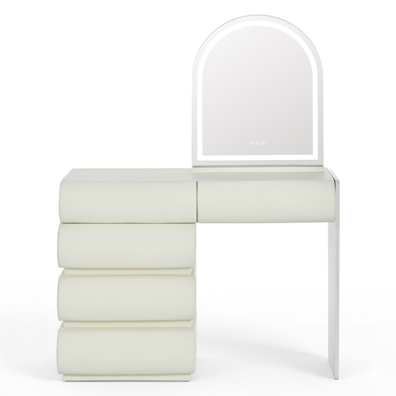 Coiffeuse 2-en-1 de luxe avec finition en cuir, miroir lumineux à 3 couleurs à DEL, coiffeuse de maquillage moderne avec table de chevet, coiffeuse avec 5 tiroirs de rangement, beige